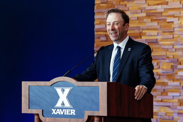 Richard Pitino is introduced as the new Xavier University men's basketball head coach, Tuesday, April 1, 2025, in Cincinnati. (Isaac Fiely/Xavier University via AP)