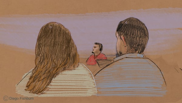 This courtroom sketch depicts, from left, Kilmar Abrego Garcia’s wife Jennifer Vasquez Sura; Kilmar Abrego Garcia and Cesar Abrego Garcia, Kilmar Abrego Garcia’s brother in court during Garcia's detention hearing on Wednesday, June 25, 2025, in Nashville, Tenn. (Diego Fishburn via AP)