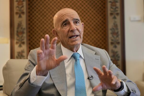 U.S. Ambassador to Turkey and Special Envoy to Syria Tom Barrack speaks during an interview with The Associated Press at the U.S. Embassy in Aukar, northern suburb of Beirut, Lebanon, Monday, July 21, 2025. (AP Photo/Hassan Ammar)