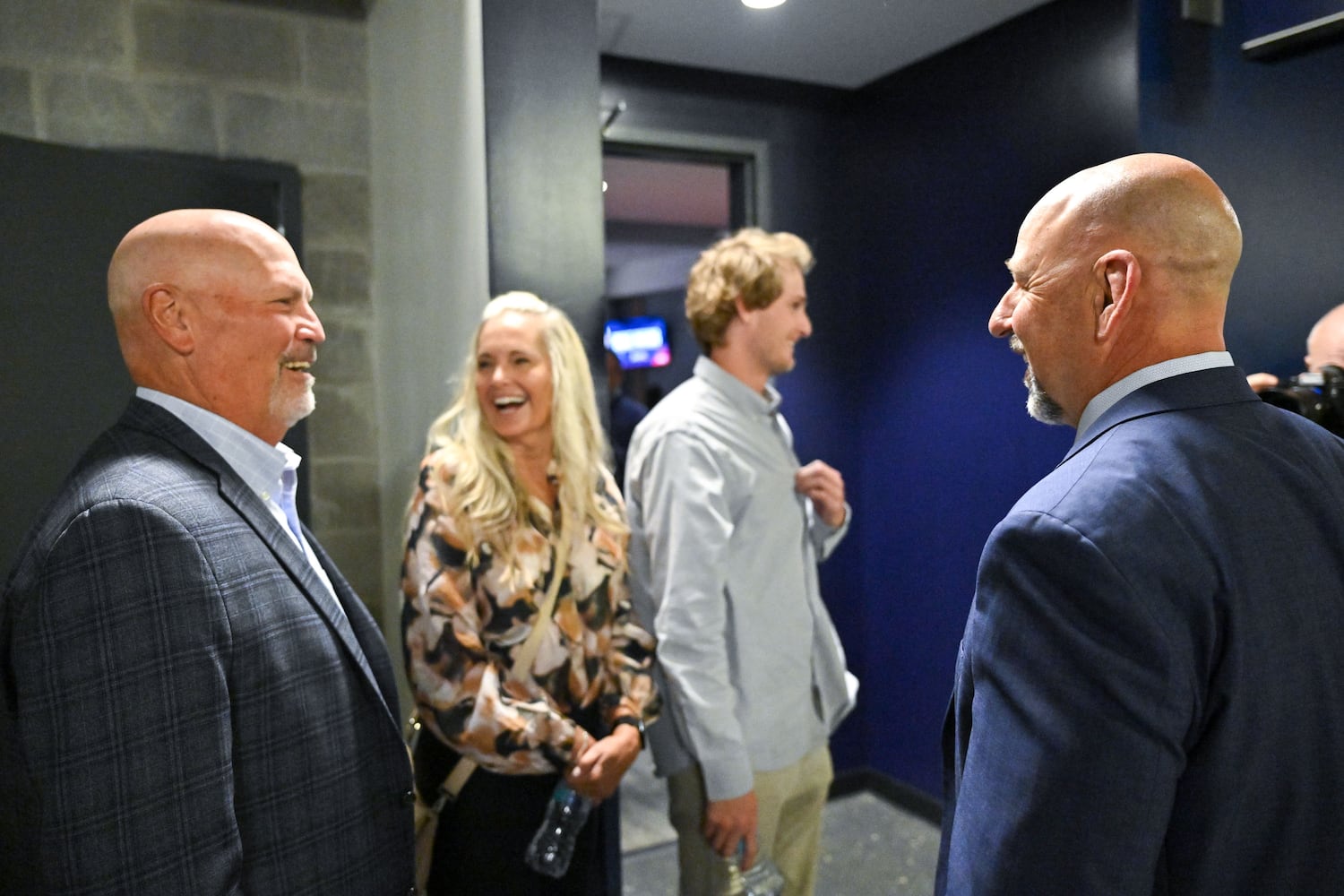 Former Braves manager Brian Snitker (left) and newly hired manager Walt Weiss share a laugh before a news conference Tuesday, Nov. 4, 2025, at Truist Park in Atlanta. (Daniel Varnado for the AJC)