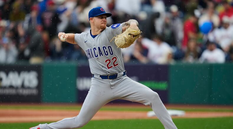 Chicag Cubs' Cade Horton pitches in the first inning of a baseball game against the Cleveland Guardians in Cleveland, Friday, April 3, 2026. (AP Photo/Sue Ogrocki)