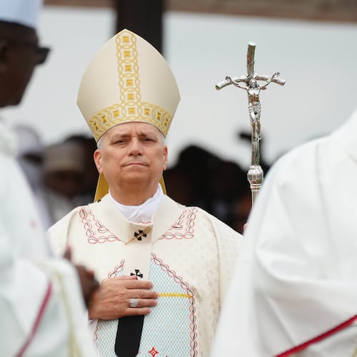 Pope Leo XIV arrives in procession to celebrate Mass at Yaounde Ville Airport, Cameroon, Saturday, April 18, 2026 on the sixth day of his 11-day pastoral visit to Africa. (AP Photo/Andrew Medichini)