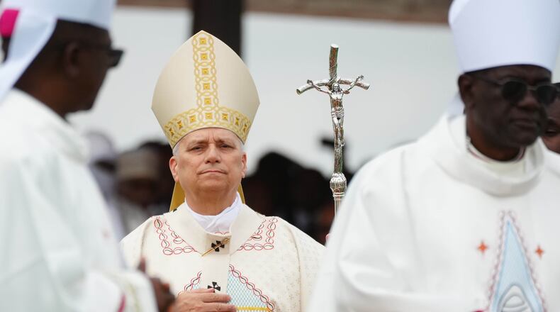 Pope Leo XIV arrives in procession to celebrate Mass at Yaounde Ville Airport, Cameroon, Saturday, April 18, 2026 on the sixth day of his 11-day pastoral visit to Africa. (AP Photo/Andrew Medichini)