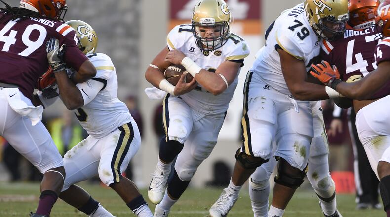 BLACKSBURG, VA - NOVEMBER 12: Quarterback Matthew Jordan #11 of the Georgia Tech Yellow Jackets carries the ball against the Virginia Tech Hokies in the first half at Lane Stadium on November 12, 2016 in Blacksburg, Virginia. (Photo by Michael Shroyer/Getty Images)