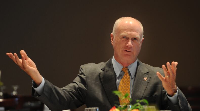 SECOND PHOTO!!! September 18, 2013 - Hall County: Republican State senator Butch Miller speaks during the discussion on Georgia's social studies curriculum at Lanier Charter Career Academy on Wednesday, September 18, 2013. Gov. Nathan Deal has asked the state Board of Education to develop a new social studies curriculum emphasizing the nation's founding documents and "fiscal responsibility, " themes. JOHNNY CRAWFORD / JCRAWFORD@AJC.COM Republican state Sen. Butch Miller, R-Gainesville. AJC file/Johnny Crawford, jcrawford@ajc.com