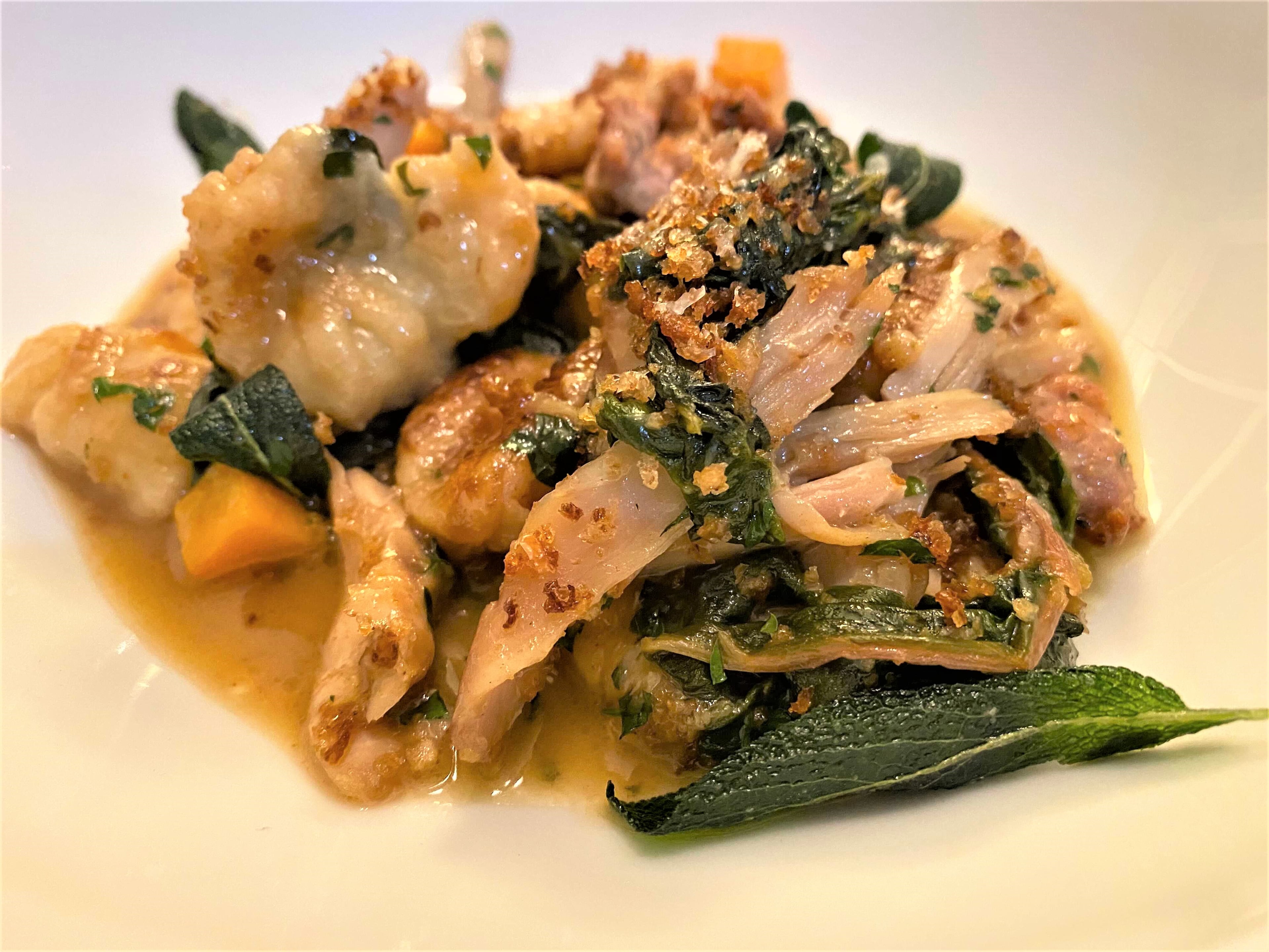 The Chastain features elevated comfort food like this rabbit gnocchi. (Ligaya Figueras/AJC)