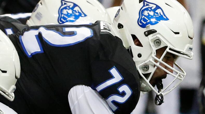 November 19, 2016 - Atlanta, Ga: Georgia State Panthers offensive lineman Gabe Mobley (72) prepares to hike the ball against Georgia Southern at the Georgia Dome Saturday November 19, 2016, in Atlanta, Ga. PHOTO / JASON GETZ