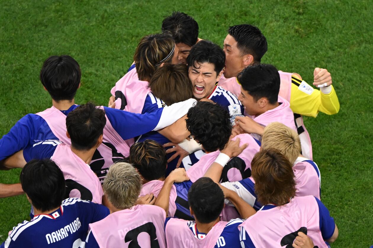 Japan celebrates a goal during the World Cup Group F soccer match between the Netherlands and Japan in Arlington, Texas, near Dallas, Sunday, June 14, 2026. (AP Photo/Jessica Tobias)