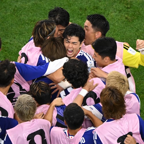 Japan celebrates a goal during the World Cup Group F soccer match between the Netherlands and Japan in Arlington, Texas, near Dallas, Sunday, June 14, 2026. (AP Photo/Jessica Tobias)