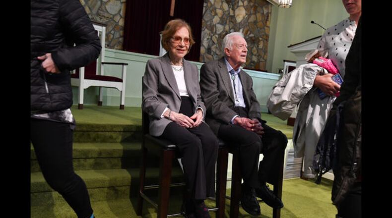 In this Sunday, Nov. 3, 2019, photo, former President Jimmy Carter teaches Sunday school at Maranatha Baptist Church in Plains, Ga.  (AP Photo/John Amis)