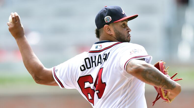 ATLANTA, GA - SEPTEMBER 6: Luiz Gohara #64 of the Atlanta Braves throws a fourth inning pitch against the Texas Rangers at SunTrust Park on September 6, 2017 in Atlanta, Georgia. (Photo by Scott Cunningham/Getty Images)