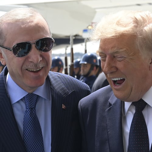 President Donald Trump, right, speaks with Turkish President Recep Tayyip Erdogan as he arrives for the NATO summit in Ankara, Turkey, Tuesday, July 7, 2026. (Doğukan Keskinkılıç, Pool Photo via AP)