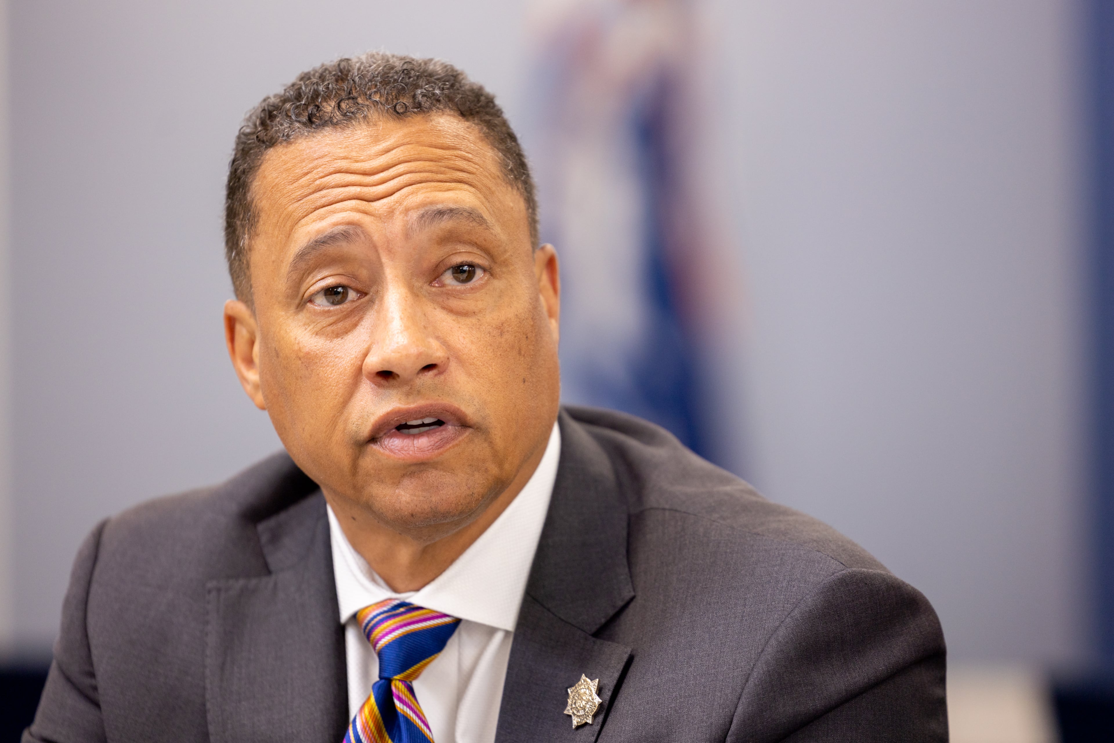 Fulton County Sheriff Patrick Labat speaks during a press interview at the district attorney’s office in Atlanta on Friday, July 12, 2024. (Arvin Temkar / AJC)