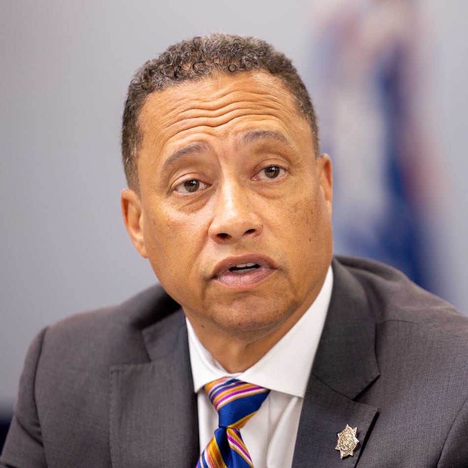 Fulton County Sheriff Patrick Labat speaks during a press interview at the district attorney’s office in Atlanta on Friday, July 12, 2024. Public safety officials presented findings from a report on repeat offenders. (Arvin Temkar / AJC)