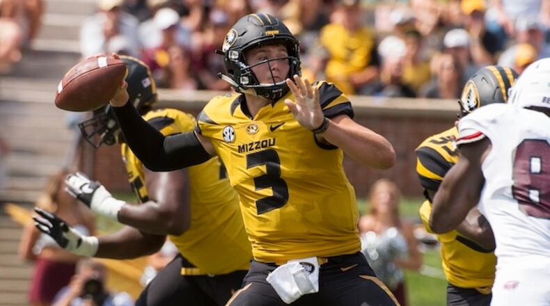 Missouri quarterback Drew Lock throws a pass during the third quarter of an NCAA college football game against Missouri State Saturday, Sept. 2, 2017, in Columbia, Mo. Missouri won 72-43.  (AP Photo/L.G. Patterson)