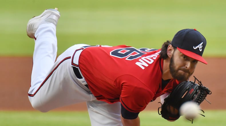 Braves starting pitcher Ian Anderson in a game at Truist Park on May 21, 2021. (Hyosub Shin / Hyosub.Shin@ajc.com)