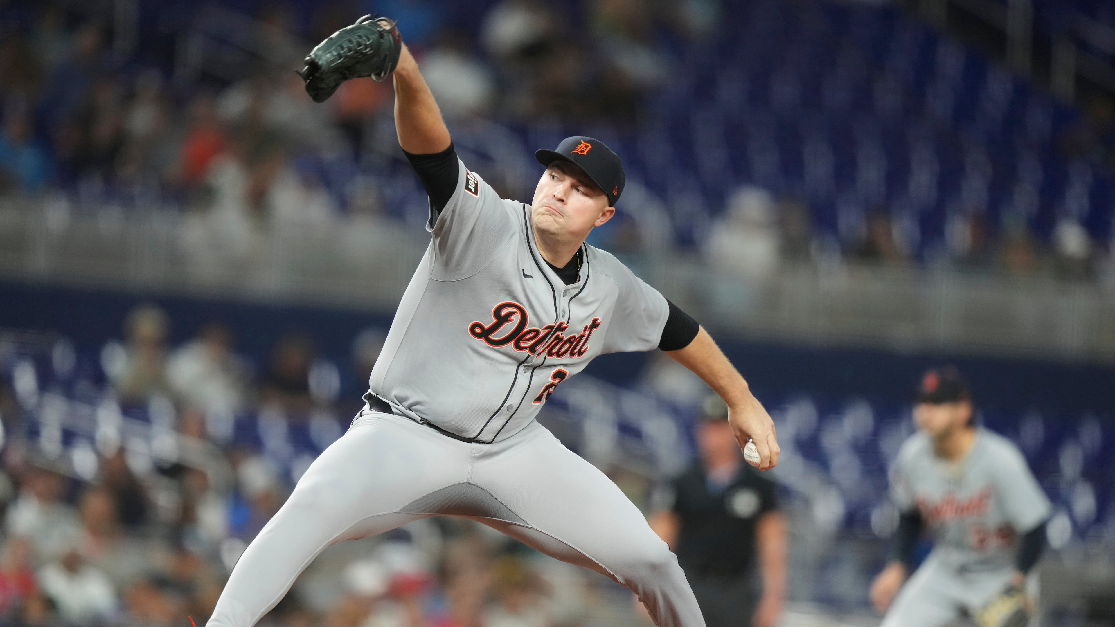 Detroit Tigers starting pitcher Tarik Skubal throws during the first inning of a baseball game against the Miami Marlins, Friday, Sept. 12, 2025, in Miami. (AP Photo/Lynne Sladky)
