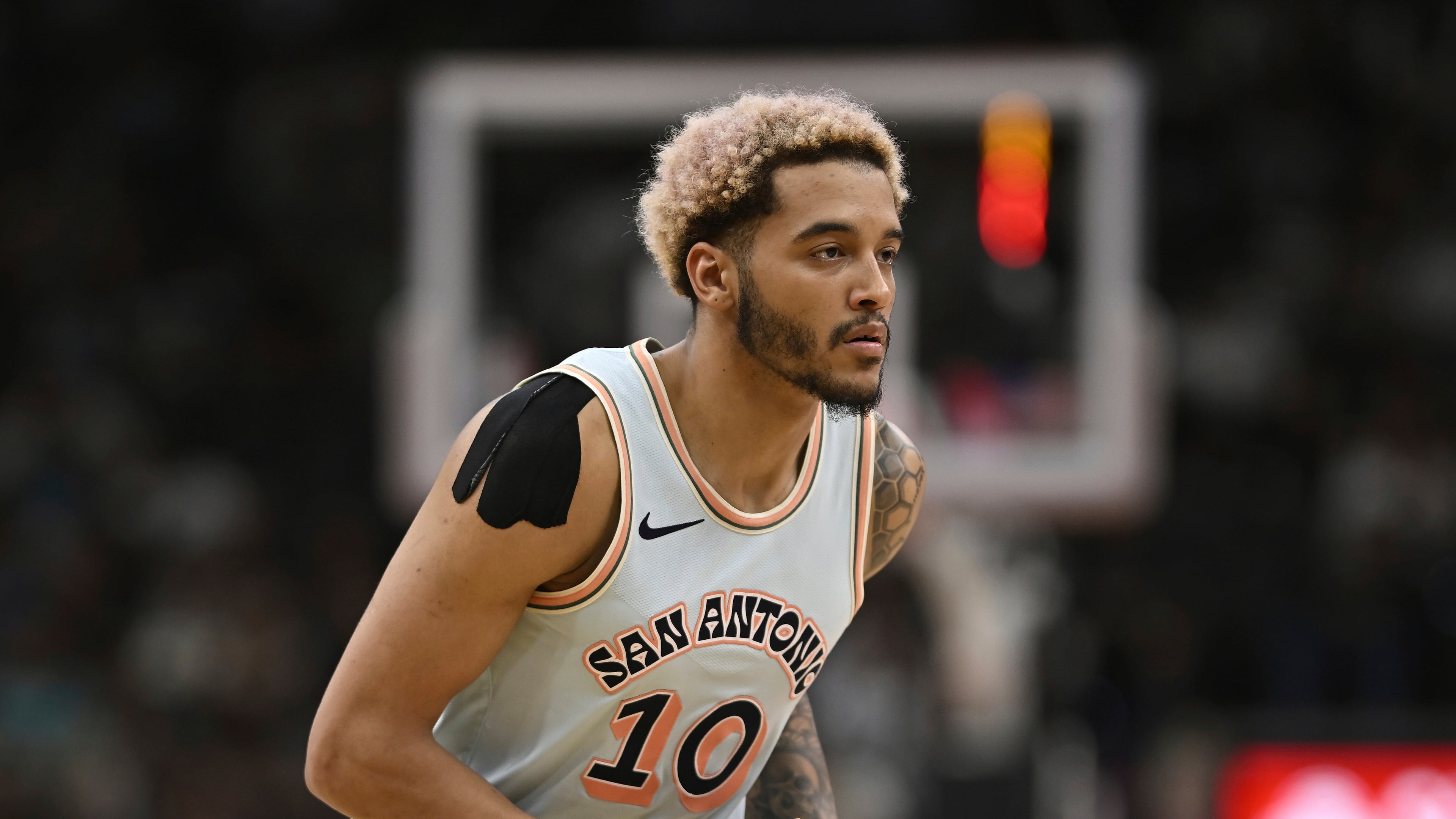 FILE - San Antonio Spurs' Jeremy Sochan runs up court during an NBA basketball game against the Boston Celtics, March 29, 2025, in San Antonio. (AP Photo/Darren Abate, File)