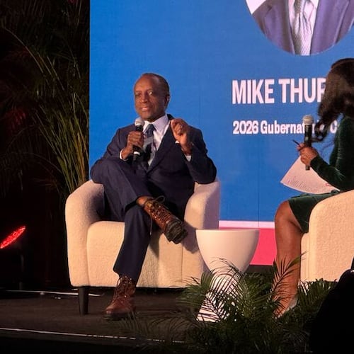 Democratic gubernatorial candidate Michael Thurmond spoke to the AJC's Tia Mitchell during a Politically Georgia forum in Atlanta on Wednesday. (Adam Beam/AJC)