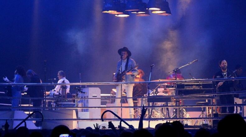 Arcade Fire's intimate boxing ring/stage at Infinite Energy Arena on Thursday. Photo: Melissa Ruggieri/AJC