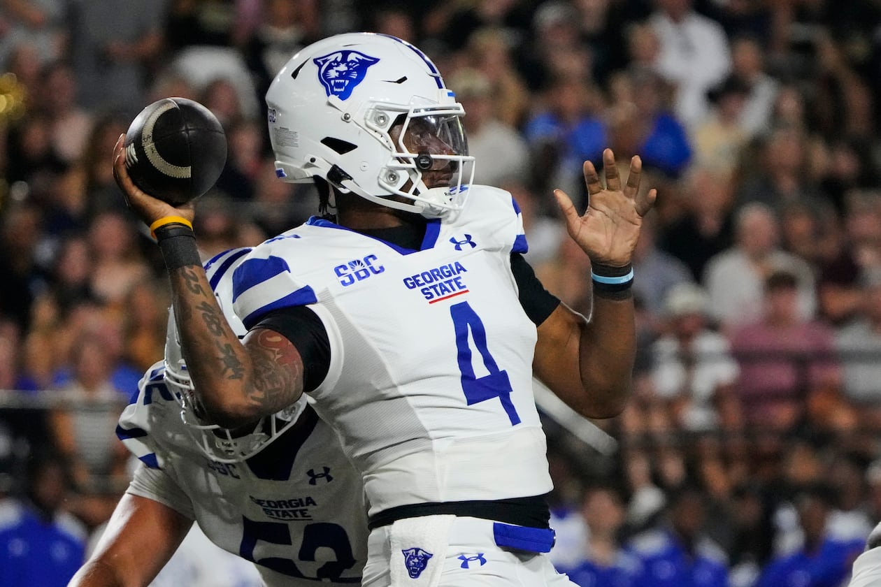 Georgia State quarterback TJ Finley — pictured looking to pass against Vanderbilt on Saturday, Sept. 20, 2025 — has thrown for 816 yards and four touchdowns this season. Cameran Brown has passed for 602 yards and seven TDs. (George Walker IV/AP)