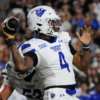 Georgia State quarterback TJ Finley — pictured looking to pass against Vanderbilt on Saturday, Sept. 20, 2025 —  has thrown for 816 yards and four touchdowns this season. Cameran Brown has passed for 602 yards and seven TDs. (George Walker IV/AP)