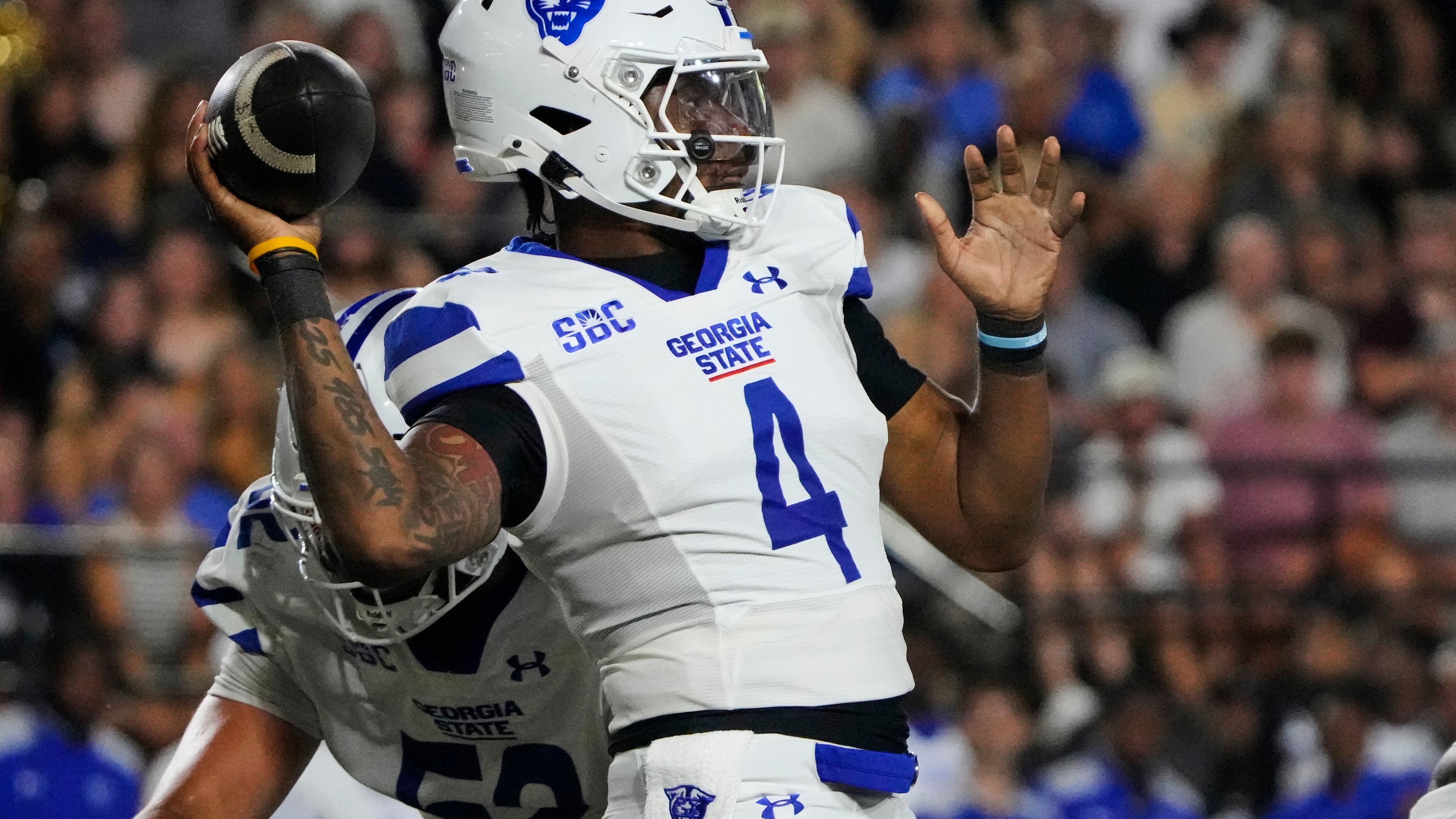 Georgia State quarterback TJ Finley — pictured looking to pass against Vanderbilt on Saturday, Sept. 20, 2025 — has thrown for 816 yards and four touchdowns this season. Cameran Brown has passed for 602 yards and seven TDs. (George Walker IV/AP)