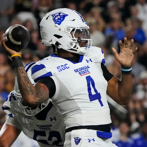 Georgia State quarterback TJ Finley — pictured looking to pass against Vanderbilt on Saturday, Sept. 20, 2025 —  has thrown for 816 yards and four touchdowns this season. Cameran Brown has passed for 602 yards and seven TDs. (George Walker IV/AP)