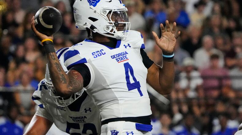 Georgia State quarterback TJ Finley — pictured looking to pass against Vanderbilt on Saturday, Sept. 20, 2025 — has thrown for 816 yards and four touchdowns this season. Cameran Brown has passed for 602 yards and seven TDs. (George Walker IV/AP)