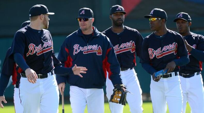 Left to right: Freddie Freeman (talking to Chipper Jones), Jason Heyward, B.J. Upton and Justin Upton are four of five Braves hitters capable of hitting 25 or more homers and striking out 130 or more times. Dan Uggla (not pictured) is the other. Uggla, Heyward and both Uptons have each hit at least 27 homers and struck out more than 150 times in a season.