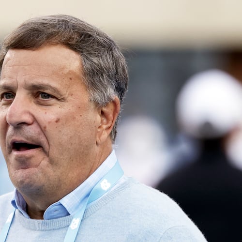 FILE - North Carolina general manager Michael Lombardi on the sidelines before an NCAA college football game Saturday, against Stanford, Nov. 8, 2025, in Chapel Hill, N.C. (AP Photo/Chris Seward, file)