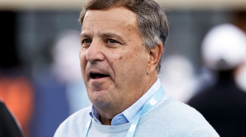FILE - North Carolina general manager Michael Lombardi on the sidelines before an NCAA college football game Saturday, against Stanford, Nov. 8, 2025, in Chapel Hill, N.C. (AP Photo/Chris Seward, file)