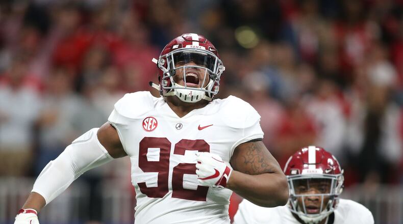 Alabama defensive lineman Quinnen Williams celebrates after a sack against Georgia in the SEC championship game.