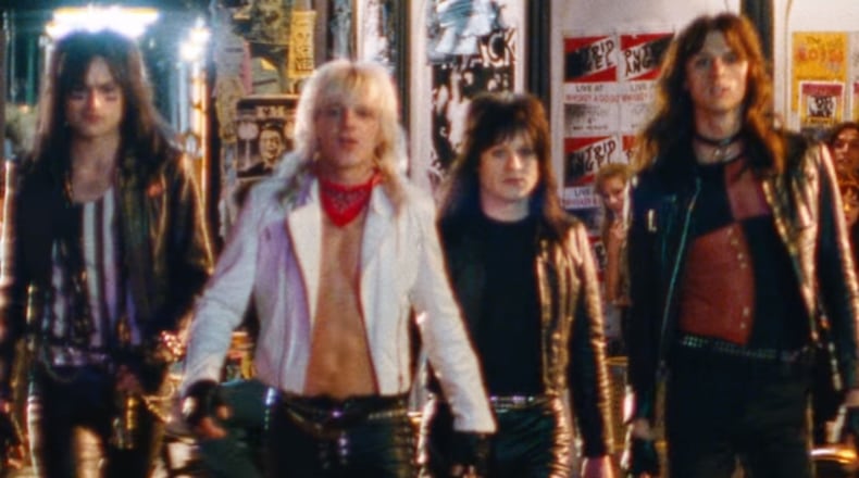 Motley Crue’s “The Dirt” stars (from left) Douglas Booth as Nikki Sixx, Daniel Webber as Vince Neil,   Iwan Rheon as Mick Mars and Machine Gun Kelly as Tommy Lee.