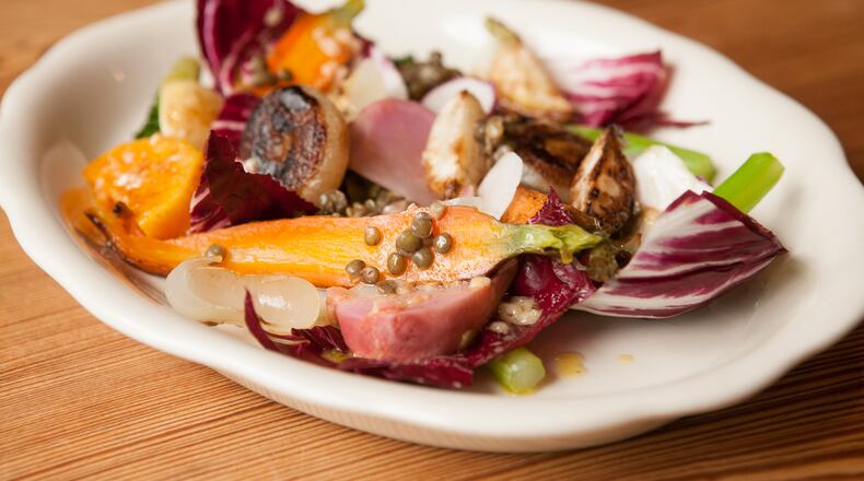 LUNCH: Roasted fall vegetables, lentils & radicchio vinaigrette includes broccoli, turnips and carrots AT Cakes & Ale. (styling by chef Billy Allin) (Photography by Renee Brock/Special)