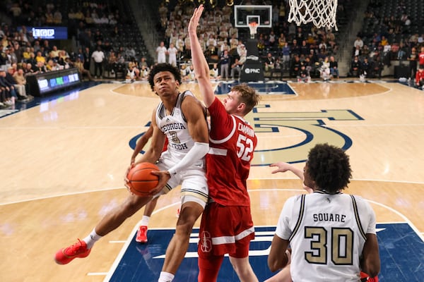 Georgia Tech guard Jaeden Mustaf (3) attempts a shot against Stanford forward Aidan Cammann (52) during the second half at McCamish Pavilion, Wednesday, February, 12, 2024, in Atlanta. Georgia Tech won 60-52. (Jason Getz / AJC)