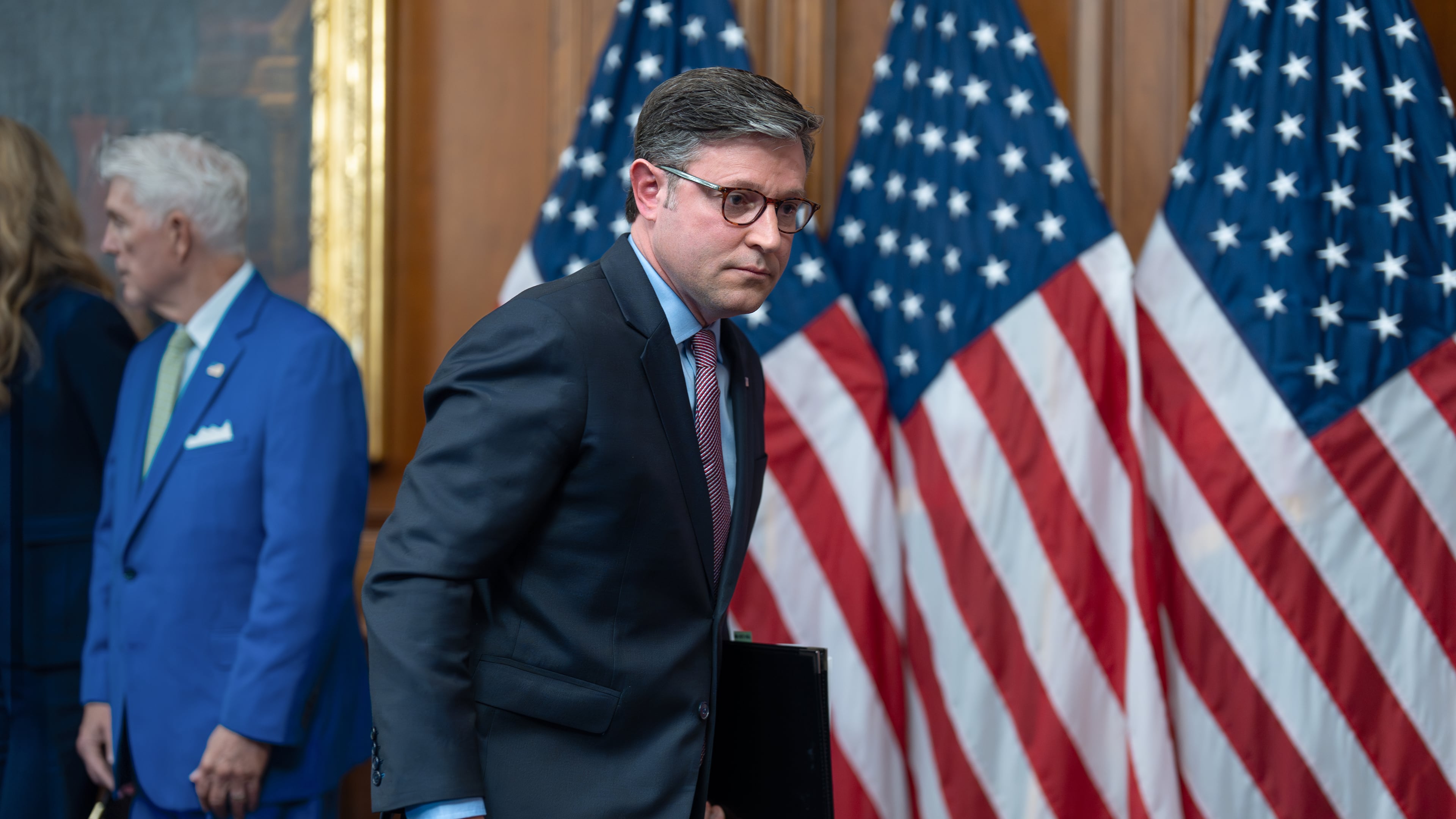 Speaker of the House Mike Johnson, R-La., wraps up a news conference on day 27 of the government shutdown, at the Capitol in Washington, Monday, Oct. 27, 2025. (AP Photo/J. Scott Applewhite)