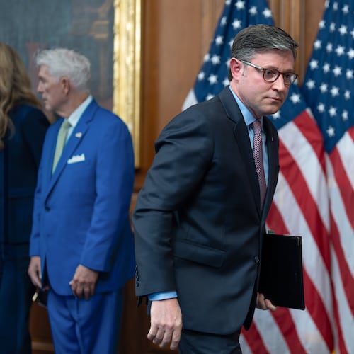 Speaker of the House Mike Johnson, R-La., wraps up a news conference on day 27 of the government shutdown, at the Capitol in Washington, Monday, Oct. 27, 2025. (AP Photo/J. Scott Applewhite)