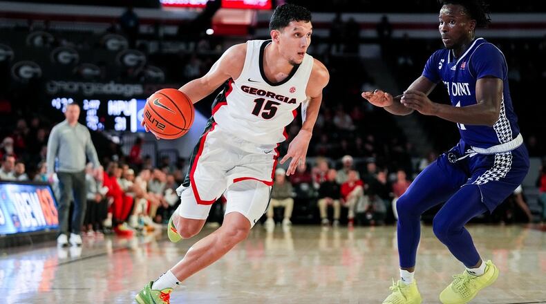 Georgia guard RJ Melendez (15) during Georgias game against High Point at Stegeman Coliseum in Athens, Ga., on Saturday, Dec. 9, 2023. (Tony Walsh/UGAAA)