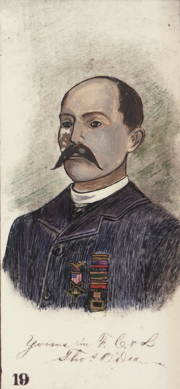 Thomas O'Dea included a self-portrait with his drawing of Camp Sumter. In a pamphlet he wrote about his drawing, he said the soldiers who “played the most important part in the late war” had been forgotten. “But the soldier has not forgotten. The soldier gave up his home, his blood, his life, for his country.” (Courtesy National Park Service)
