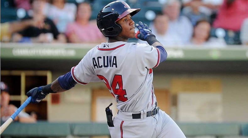 Gwinnett Braves outfielder Ronald Acuna takes a cut in a game in Charlotte during his first weekend in Class Triple-A. The top Braves prospect was hitting .294 since being called up from Class Double-A last week. (Photo by Laura Wolff/Charlotte Knights)