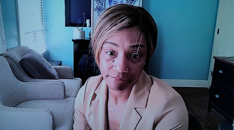 Comedian and actor Tiffany Haddish appears via Zoom during her DUI trial Tuesday, Aug. 11, 2026, in Fayetteville, Ga. (AP Photo/Brynn Anderson)