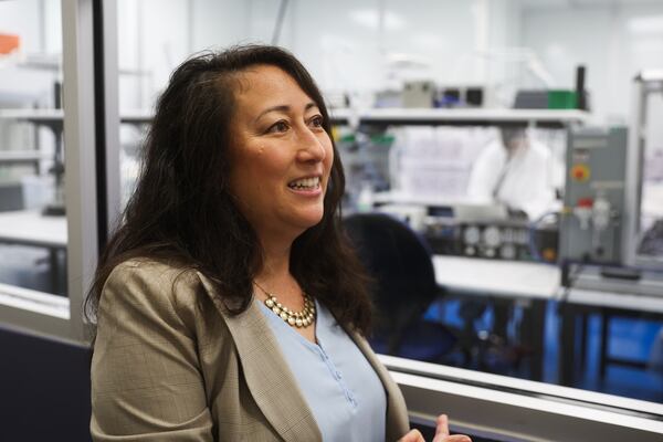 The founder of Femasys, which makes contraceptive and fertility products, Kathy Lee-Sepsick, talks about the process at the Femasys manufacturing facility in Suwanee, Ga., on Wednesday, September 24, 2025.(Abbey Cutrer/AJC) 