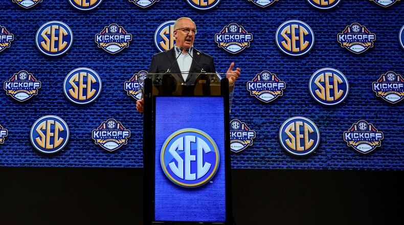 SEC Commissioner Greg Sankey shares the story behind his no-necktie appearance at Monday's media gathering in Nashville.