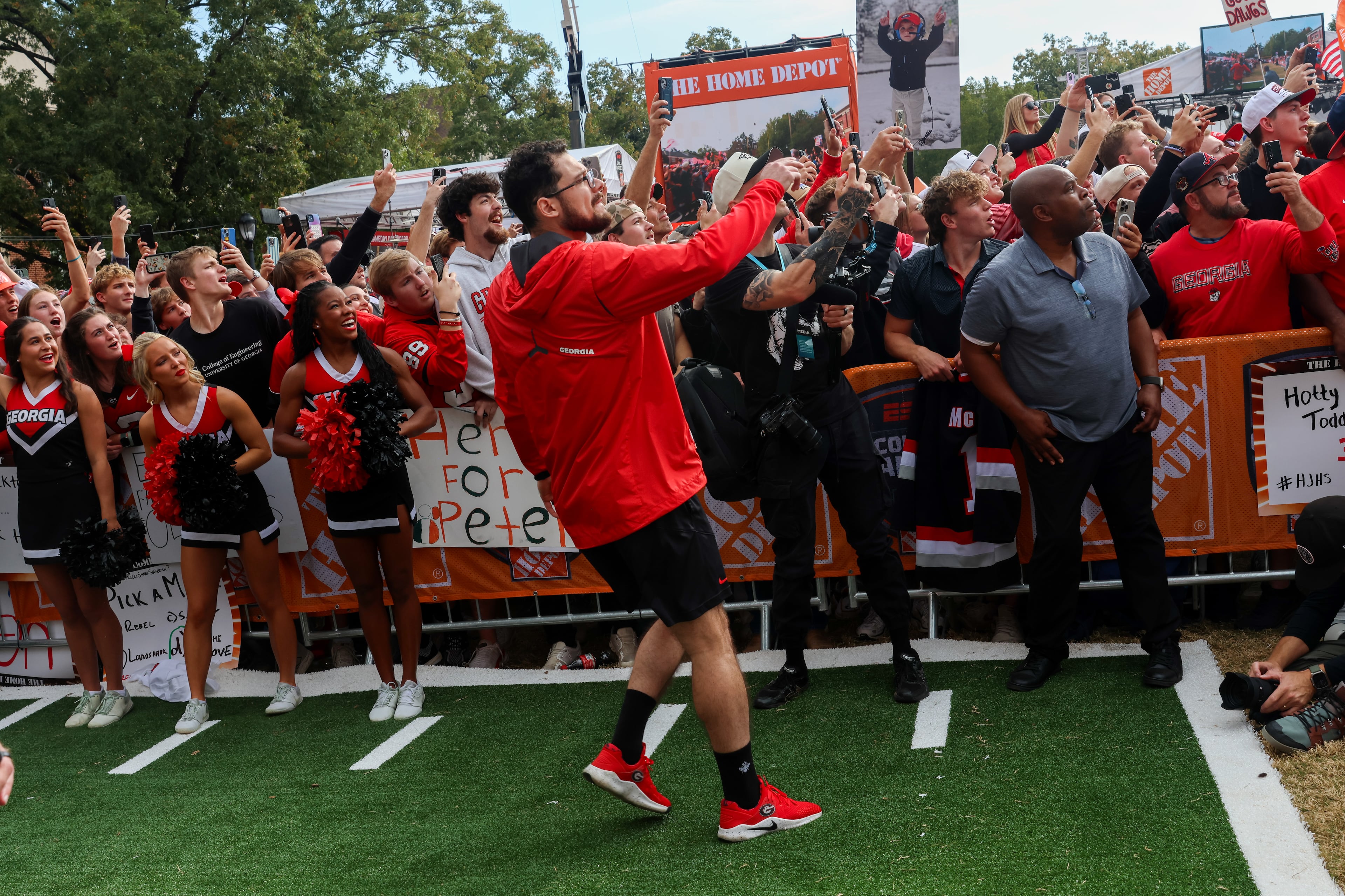 Former UGA kicker Rodrigo Blankenship watches the football he just kicked during Pat McAfee’s Kicking Contest during the ESPN College GameDay broadcast from Myers Quad at UGA on Saturday, Oct. 18, 2025. (C.J. Bartunek for the AJC)