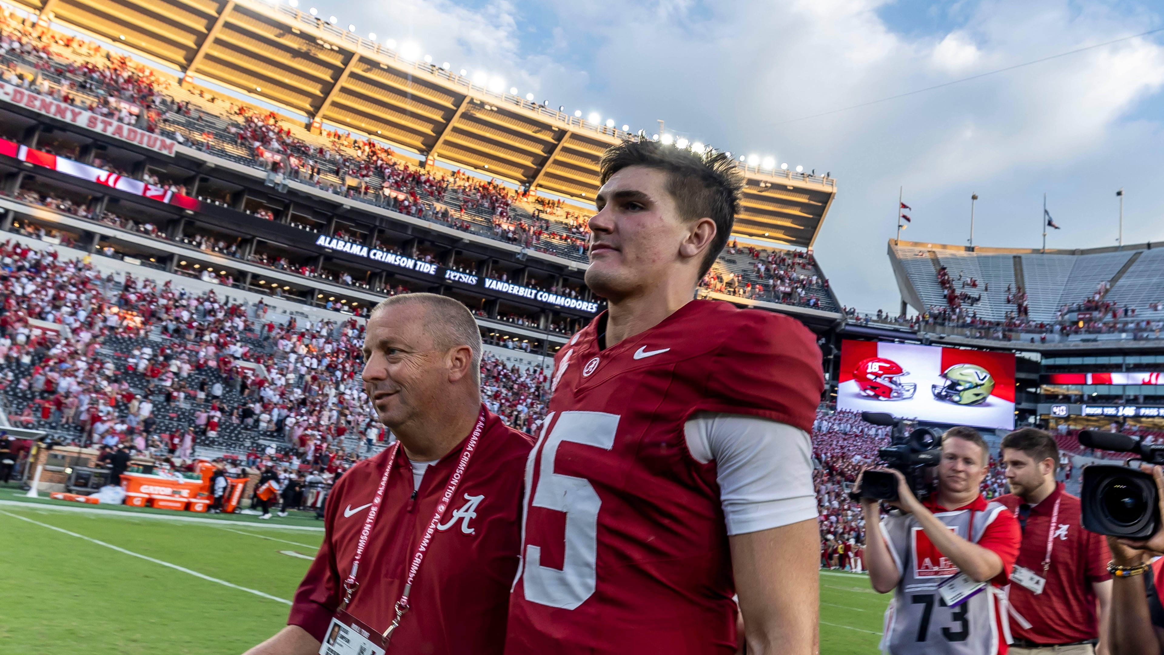 Alabama quarterback Ty Simpson (15) walks of the field after a win over Vanderbilt in an NCAA college football game, Saturday, Oct. 4, 2025, in Tuscaloosa, Ala. (AP Photo/Vasha Hunt)