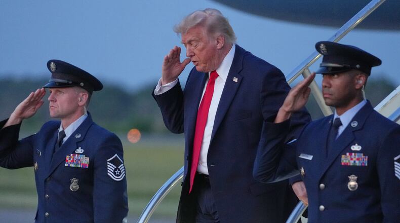 President Donald Trump arrives on Air Force One, Friday, June 5, 2026, at Morristown Airport in Morristown, N.J. (AP Photo/Mark Schiefelbein)