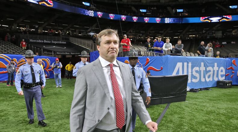 Georgia Bulldogs head coach Kirby Smart heads out to walk the field after the team arrived for the Sugar Bowl football game between the Georgia Bulldogs and the Baylor Bears at the Superdome in New Orleans on Jan. 1, 2020. Bob Andres bandres@ajc.com