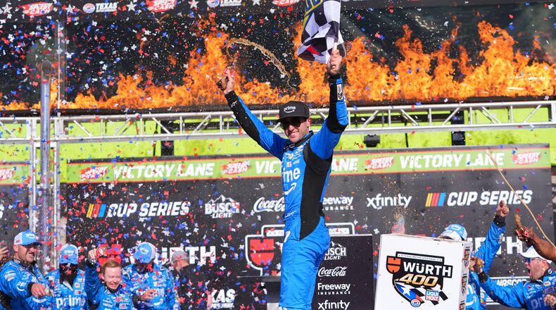 Chase Elliott celebrates after winning a NASCAR Cup Series auto race in Fort Worth, Texas, Sunday, May 3, 2026. (AP Photo/LM Otero)