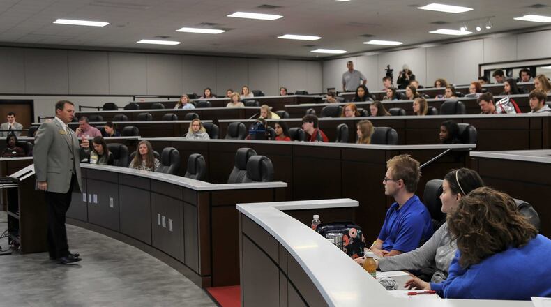 Georgia Southwestern State University President Neal Weaver speaks to students at Lee County High School about a new scholarship program for students in Georgia counties several impacted by Hurricane Michael. PHOTO CONTRIBUTED.